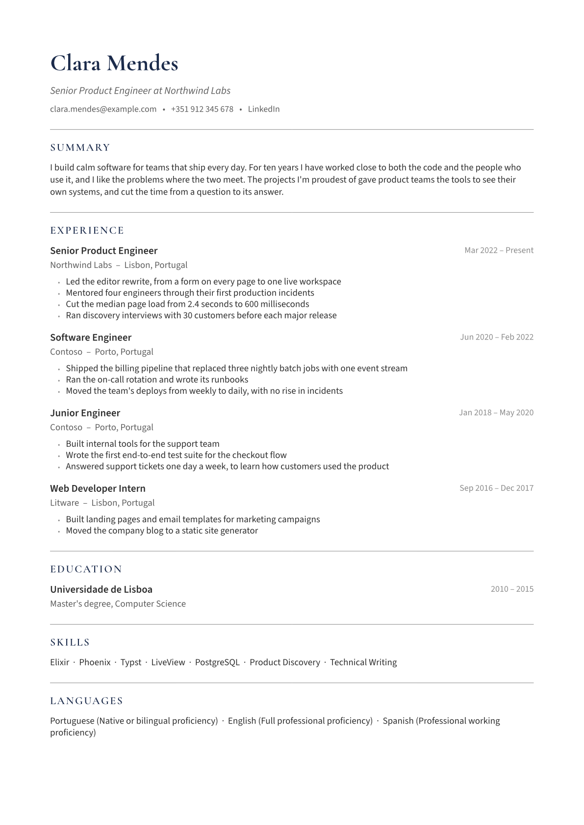 The sample CV in the Editorial template